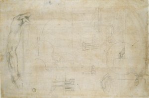 Tanulmány egy férfi karjáról és néhány építészeti vázlat, 1490-1560 alkotó: Michelangelo Buonarroti