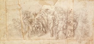 Elbeszélő jelenet figuráinak tanulmányozása (szén papíron) (recto) alkotó: Michelangelo Buonarroti