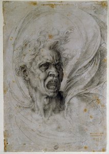 Egy sikoltozó férfi fejét tanulmányozza. Michelangelo Buonarroti (1475-1564) rajza. Firenze, Uffizi Múzeum (Firenze, Kabinetterv és az Uffizi bélyegei). alkotó: Michelangelo Buonarroti