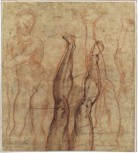 A feltámadt Krisztus, háromnegyed hosszú akt egy láb és egy láb tanulmányozására rajzolva alkotó: Michelangelo Buonarroti