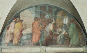 St. Antoninus megalapítja a Jóemberek Társaságát San Martinóban, lunette (freskó) alkotó: Michelangelo Cinganelli
