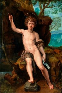 ""Keresztelő Szent János ábrázolása"" (Keresztelő Szent János) Michael Coxcie (Michiel Coxien) festménye (De Coxien, De Coxcie, Coxius, Van Coxcie és Coxie) (1499-1592) 16. század Olaj, fa Méret: 104x73 cm Magángyűjtemény alkotó: Michiel I Coxie or Coxcie