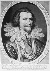 George Villiers, Buckingham 1. hercegének (1592-1628) arcképe, Willem Jacobsz metszete. Delff (1580-1638) 1626 (metszet) (bw fotó)