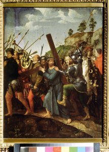 A keresztet hordozó Krisztus. (Keresztet hordozó Krisztus). Michael Sittow festménye (1460 vagy 1468-1525). Olaj, vászon, 37,5 x 28,3 cm, 1518-1525 körül. Holland művészet, reneszánsz. Puskin Szépművészeti Múzeum, Moszkva.
