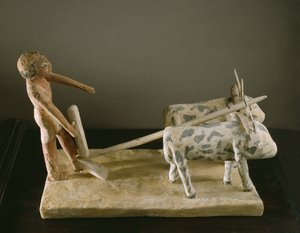 Egy szántóvető temetési modellje, aki az ekét vezeti, két ökör húzta (festett fa)