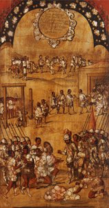 Mexikó hódítása, III. panel, 1696-1715 körül (festés fára) alkotó: Miguel Gonzalez