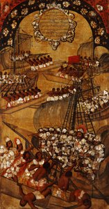 Mexikó hódítása, XXII. panel, 1696-1715 körül (festés fára) alkotó: Miguel Gonzalez