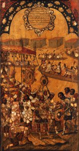 Mexikó hódítása, X. panel, 1696-1715 körül (festés fára) alkotó: Miguel Gonzalez