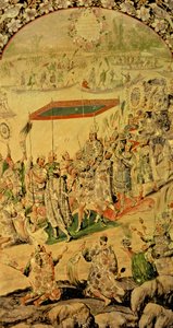 Hernando Cortes (1485-1547) és Montezuma (1466-1520) találkozását ábrázoló panelpár egyike: Montezuma és követői, 1698