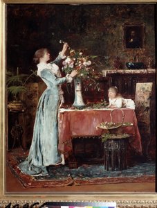 ""La kompozicion du bouquet"" (Csokrot komponálni) Középosztálybeli (magyar?) nő virágcsokrot készít, lánya ránéz. Munkácsy Mihály (1844-1900) festménye 1880 körül Puskin Múzeum, Moszkva alkotó: Mihály Munkácsy