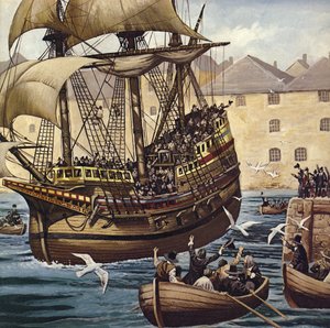 Westward Ho! A Mayflower 1620. szeptember 16-án hagyja el Plymouth Ho-t (színes litográfia)