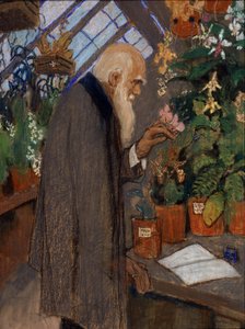 "Charles Robert Darwin tudós (1809-1882) portréja, aki növényeket vizsgál a Langdon-Down üvegházban" Mikhail Dmitrievich Ezuchevsky (1880-1928) festménye, 1920 Állami Darwin Múzeum, Moszkva