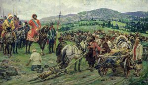 A parasztfelkelés vezetőjének, Emeljan Pugacsovnak a segítése az Urálban (olaj, vászon) alkotó: Mikhail Ivanovich Avilov