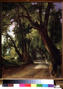 Nézet Albano közelében Róma (Olaszország). (Nézet a Róma melletti Albanóban). A magasba tornyosuló fák közötti földút leírása. Mihail Ivanovics Lebegyev (1811-1837) festménye, olaj, vászon, 19. századi tájkép. Állami Tretyakov Galéria, Moszkva.