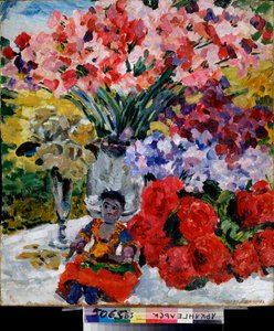 Virágok és egy baba - Mihail Nyikolajevics Jakovlev (1880-1942) festménye, olaj, vászon