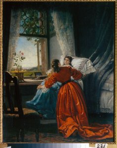 Beteglátogatás (Visiting the Sick) egy nő egy kislányt ültet egy ülésre, az ablak mellé szerelve - Mihail Petrovics, Klodt báró (1835-1914) festménye, olaj rézre alkotó: Mikhail Petrovich Klodt