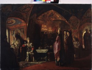 A cárnő lakása (Tsarevna lakhelye). Kompozíció a régi Oroszország témájára, népviselet és a Moszkvai Hercegség dekorációja. Báró Mihail Petrovics Klodt (1835-1914) festménye, olaj, vászon alkotó: Mikhail Petrovich Klodt