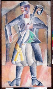 Musicien (Sas Musician) - Egy zenész portréja, hagyományos ruhában, hangszerével, amolyan függőleges hurdy-gurdyval, két kifeszített húrral, amit íjjal játszanak - Mihail Vasziljevics Le Dantyu (1891-1917) festménye olaj, vászon - Art rus alkotó: Mikhail Vasilevich Le Dantu