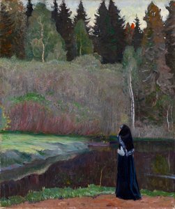 ""Le chant du rossignol"" (A csalogány énekel) Egy apáca madárdalt hallgat - Mihail Vasziljevics Neszterov (1862-1942) festménye 1918 Méret 81x68,5 cm Magángyűjtemény alkotó: Mikhail Vasilievich Nesterov