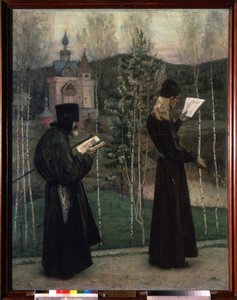 Csengenek a harangok (Ringing the Bells). Két séta közben olvasó szerzetes egy templom felé tart a háttérben. Mihail Vasziljevics Neszterov (1862-1942) festménye, olaj, vászon alkotó: Mikhail Vasilievich Nesterov