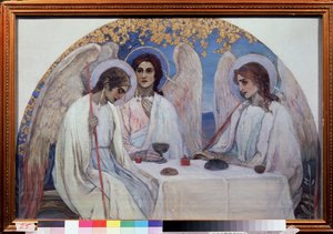 Ábrahám vendégszeretete. Az Ószövetség Szentháromsága. A három angyal ábrázolása, akik megjelentek Ábrahámnak a Chene de Mambre közelében. (Ábrahám vendégszeretete (Ószövetségi Szentháromság). Mihail Vasziljevics Neszterov (1862-1942) festménye, olaj, vász