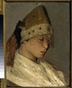 Egy Kokochnikot (A Girl With Kokoshnik) viselő lány. Hagyományos, magas orosz női fejdísz, hátul szalaggal átkötve, elöl gyöngyökkel és hímzéssel díszített. Mihail Vasziljevics Neszterov (1862-1942) festménye, olaj, fa