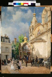Emberek elhagyják az ortodox templomot – Mikhail Yakovlevich Villie (1838-1910) alkotása alkotó: Mikhail Yakovlevich Villie