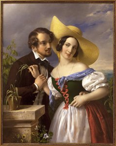 A szerelmi vicc A csábítás és a flörtölés jelenete. Barabás Miklós (1810-1898) festménye, olaj, vászon