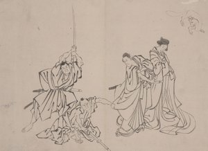 Figura Rókával, 19. század közepe (tinta mosás papíron) alkotó: Mimasu Mimasu