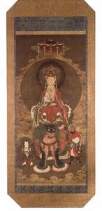 A bódhiszattva Mañjusrî egy oroszlánon, 14. század vége (tinta, szín és arany pigment selyemre) alkotó: Ming Dynasty Chinese School