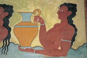 Közeli kép egy falfestményről a palota falán, Minos palota, Knossos, Kréta, Görögország alkotó: Minoan
