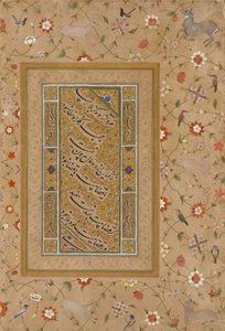 Oldal a késői Shah Jahan albumból: Perzsa kalligráfia virágok és madarak díszítő szegélyével keretezve alkotó: Mir 