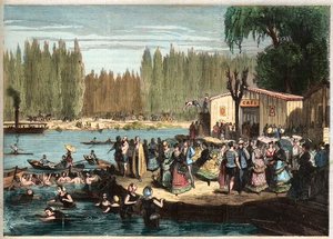 Úszás a La Grenouillere-ben, Párizs mellett - La Grenouillere a Croissy-sur-Seine-ben 1869-ben - Miranda után alkotó: Miranda Miranda