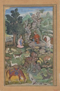 Bahram Gur lát egy szarvascsordát Dilaram zenéje által megbabonázva, Folio from..., 1597-98. alkotó: Miskin