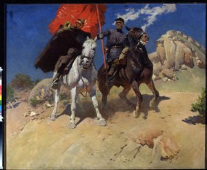 Szabványhordozó és kürtjátékos. A Vörös Hadsereg lovasezredének két katonája, az 1917-es októberi forradalom idején. Mitrofan Boriszovics Grekov (1882-1934) festménye, olaj, vászon