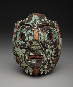 Maszk, valószínűleg Tlaloc, 1350-1521 körül (fa, türkiz, kagyló, lignit és gyanta)