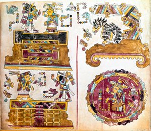 Mixtec civilizáció: Mixtec Codex a napi tevékenységek illusztrációival - Prekolumbiai művészet, vegyes civilizáció: scenes de vie quotidienne - Részlet a Codex Vindobonensis vagy a bécsi kódex másolatából, amelyet Hernan Cortes küldött V. Károlynak 1519-be