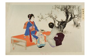 2. sz. Szilvavirágok megtekintése a Modern szépségek sorozatból, 1897-1899 körül (fadarab papíron) alkotó: Mizuno Toshikata