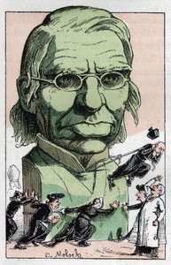 Emile Littre (1801-1881), francia filológus, orvos és politikus portréja a Touchatout „Le Trombinoscope” című művében, B. Moloch rajzfilmje 1882-ből (1849-1909). Magángyűjtemény. alkotó: Moloch