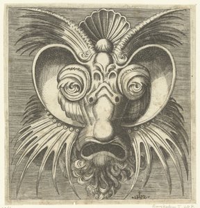 Maszk csészealjakkal a szem körül, hegyes címerekkel az arcon és a homlokon Libro di variate mascar (...) (sorozat címe) alkotó: Monogrammist IHS
