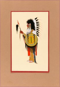 Cheyenne harcos tollas fejdíszben pajzzsal, kb. 1915-1937.
