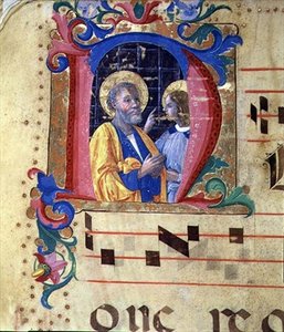 Ms 543 Történelmi kezdetű „N” Szent Lőrinccel és egy másik szenttel, egy zsoltárból, 1515 körül (vellum)