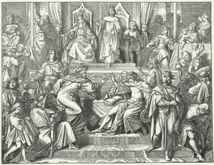 A Sangerkrieg, lelkészek versenye a türingiai Wartburg kastélyban 1207-ben (metszet) alkotó: Moritz Ludwig von Schwind