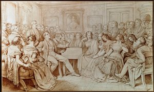 Franz Schubert zeneszerző Johann Michael Vogl tenort kíséri a Baron von Spaunban rendezett zenei esten (Rajz alkotó: Moritz Ludwig von Schwind