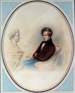 II. Napóleon római király, Reichstadt hercege (1811-1832), I. Napóleon császár fia (1769-1821) portréja apja mellszobra előtt Moritz Michael Daffinger (1790-1849) nyomata 19. századi magángyűjtemény