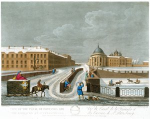 Kilátás a Fontanka-csatornára és a laktanyára, novemberi illusztráció az Egy év Szentpéterváron című művéből, amelyet John H. Clark metszett, M. Dubourg színezte. kocsma. 1815 Londonban, Edward Orme (színes lith