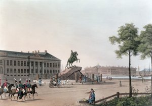 Kilátás Nagy Péter helyére és a szentpétervári Szenátus Házára, májusi illusztráció az „Egy év Szentpéterváron” című művéből, amelyet John H. Clark metszett, színezte: M. Dubourg, pub. 1815-ben Londonban b