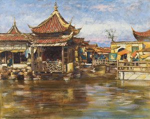 Tea House, Sanghaj, 1909 körül (gouache és olaj a fedélzeten) alkotó: Mortimer Ludington Menpes