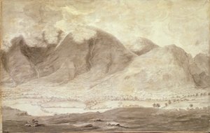 Panorámás kilátás Derwentwaterre és a Keswick-völgyre, Skiddaw és Keswick részlete, 1772 körüli ceruza és mosás papíron lásd: 92086-88 és 92090-91