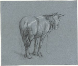 Egy ló tanulmányozása hátulról, jobbról Álló igáslovak (sorozat címe) alkotó: Moses Ter Borch